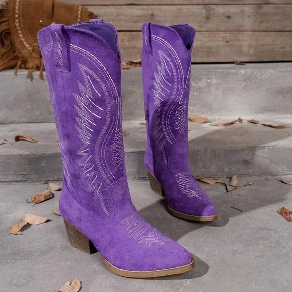 Women's Suede Embroidered Side Zipper High Heeled Boots With Sloping Heel Purple - Picture 6 of 7